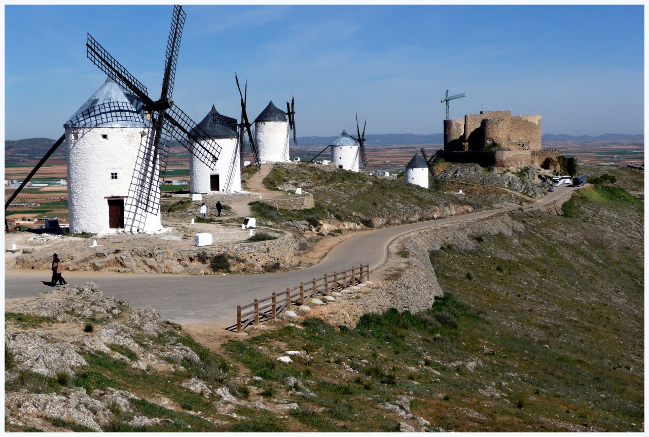 Windmills and old castle in Consuegra, Cities in Spain