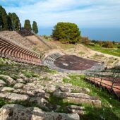 Greek theatre and ruins in Tindari, Oliveri beach, Italy Beaches