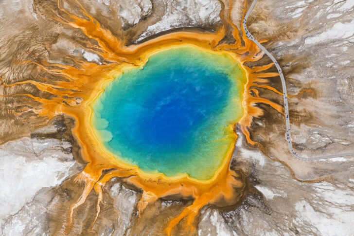Aerial view of Grand Prismatic Spring, Midway Geyser Basin, Yellowstone National Park, Wyoming, USA
