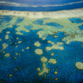 An aerial view of the islands of the Great Barrier Reef in Queensland, Australia