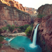 Hawasu waterfall in the Havasupai Reservation in Supai, Arizona in the Southwest corner of the Grand Canyon