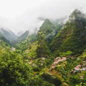 Landscape of green slopes of mountains located on the Island of Madeira, in Portugal