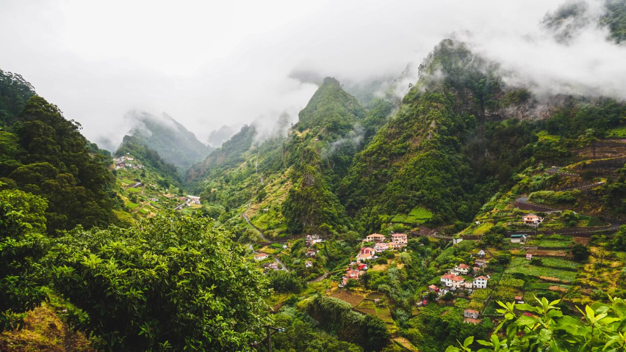 Landscape of green slopes of mountains located on the Island of Madeira, in Portugal