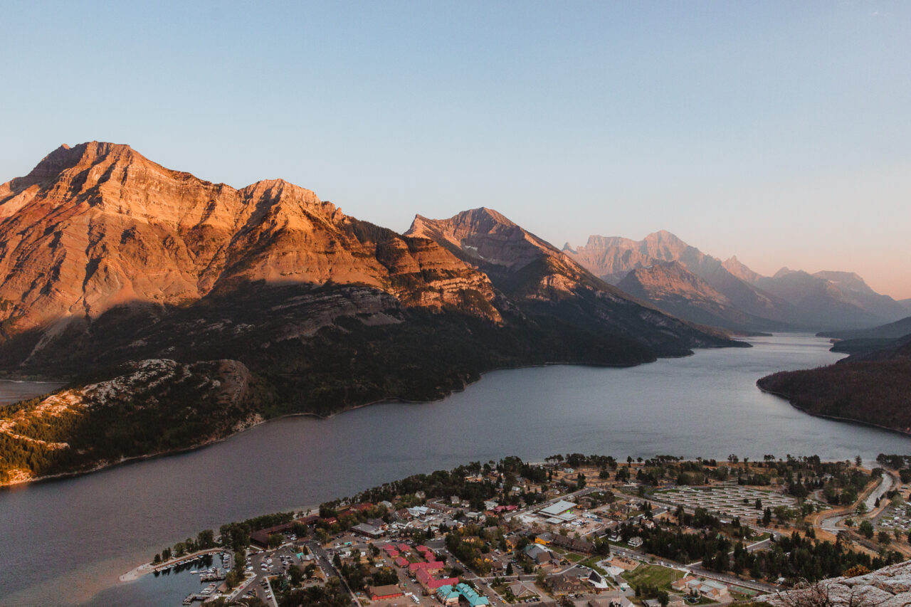 Mesmerizing view of Waterton Lake and townsite from the Bear’s Hump lookout in Canada