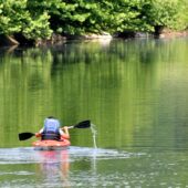 Paddling a kayak up a river in the Shenandoah Valley of Virginia